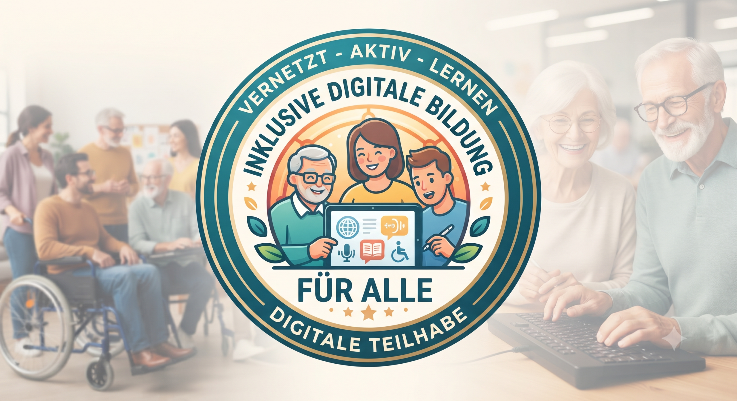 Logo für das Projekt ‚Inklusive Digitale Bildung für Alle‘. Im Zentrum ist ein rundes Emblem zu sehen, in dem drei verschiedene Menschen (ein älterer Mann, eine ältere Frau und ein junger Erwachsener) gemeinsam auf ein Tablet schauen. Um sie herum sind Symbole für digitale Kommunikation, Wissen und Barrierefreiheit angeordnet (Weltkugel, Sprechblase, Buch, Rollstuhl-Symbol). Die Aufschrift im äußeren Ring lautet: ‚Vernetzt – Aktiv – Lernen‘ sowie ‚Digitale Teilhabe‘. Das Logo vermittelt Gemeinschaft und digitalen Zugang für alle Generationen und Menschen mit unterschiedlichen Voraussetzungen.